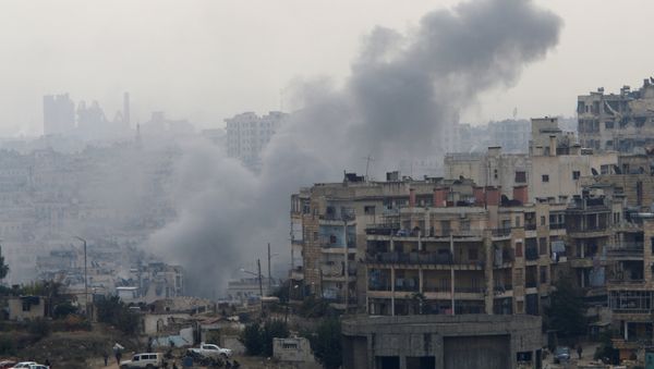 Smoke rises near Pro-Syrian government soldiers after shelling, in al-Izaa area in Aleppo, Syria December 5, 2016 - Sputnik International