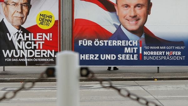 Presidential election campaign posters of Alexander Van der Bellen, who is supported by the Greens, reading Vote! Don't be surprised. and of Norbert Hofer of the FPOe, reading For Austria with heart and soul, are seen in Vienna, Austria, November 24, 2016. Presidential election campaign posters of Alexander Van der Bellen, who is supported by the Greens, reading Vote! Don't be surprised. and of Norbert Hofer of the FPOe, reading For Austria with heart and soul, are seen in Vienna, Austria, November 24, 2016. - Sputnik International