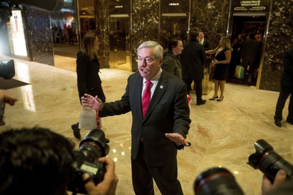 Iowa Gov. Terry Branstad speaks to members of the media in the lobby of Trump Tower in New York Iowa Gov. Terry Branstad speaks to members of the media in the lobby of Trump Tower in New York - Sputnik International