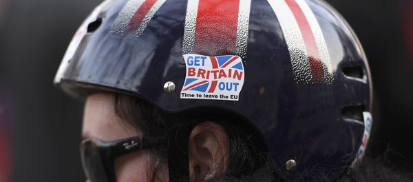 A cyclist wears a pro-Brexit badge on her Union flag themed helmet outside the Supreme Court on the first day of the challenge against a court ruling that Theresa May's government requires parliamentary approval to start the process of leaving the European Union, in Parliament Square, central London, Britain December 5, 2016. - Sputnik International