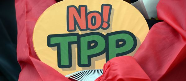 A demonstrator holds a fan with No! TPP in a protest against the Trans Pacific Partnership (TPP) trade deal at a sit-in demonstration in front of the parliament building in Tokyo - Sputnik International