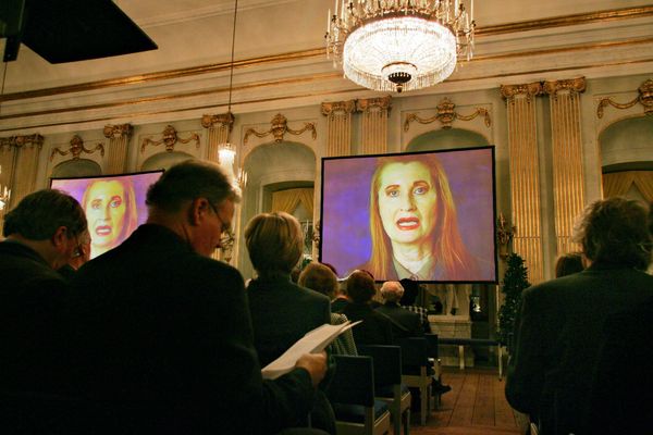 This year's Nobel Prize winner in literature Austrian Elfriede Jelinek (on screen) appears in a videotaped prize lecture at the Swedish Academy in Stockholm 07 December, 2004 - Sputnik International