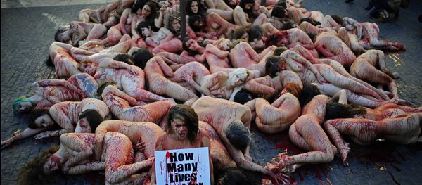 Animal rights activists Anima Naturalis stage a naked protest against the use of leather and fur in the textile industry in Barcelona, Spain, Sunday, Dec. 1, 2013. - Sputnik International
