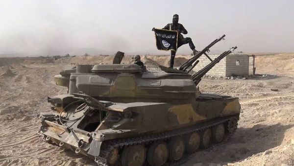 In this file photo released on Aug. 5, 2015, by the Rased News Network a Facebook page affiliated with Islamic State militants, an Islamic State militant holds the group's flag as he stands on a tank they captured from Syrian government forces, in the town of Qaryatain southwest of Palmyra, central Syria In this file photo released on Aug. 5, 2015, by the Rased News Network a Facebook page affiliated with Islamic State militants, an Islamic State militant holds the group's flag as he stands on a tank they captured from Syrian government forces, in the town of Qaryatain southwest of Palmyra, central Syria - Sputnik International