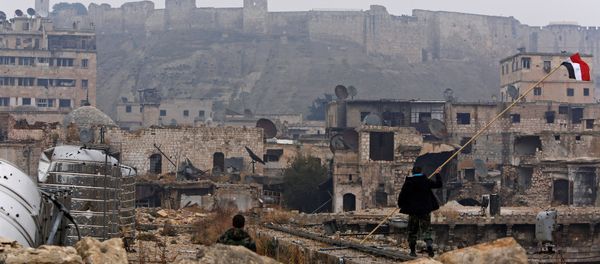 A member of forces loyal to Syria's President Bashar al-Assad attempts to erect the Syrian national flag at the Umayyad mosque, in the government-controlled area of Aleppo, during a media tour, Syria December 13, 2016 - Sputnik International