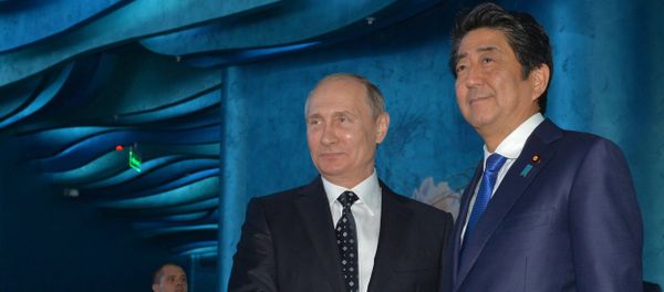 Russian President Vladimir Putin, left, and Japanese Prime Minister Shinzo Abe during a joint examination of the Primorsky Aquarium on Russky Island as part of the Eastern Economic Forum - Sputnik International