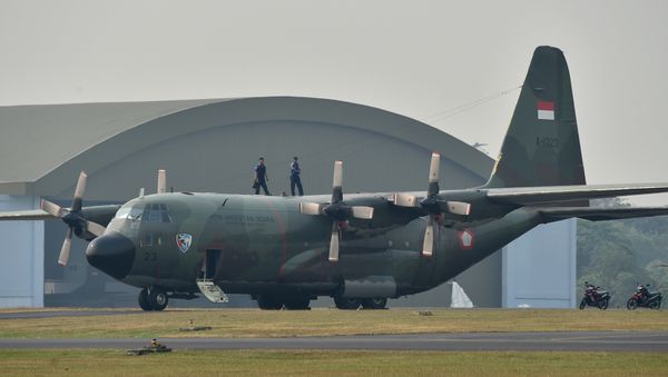 This picture taken on July 1, 2015 shows personnel on top an Indonesia Air Force C-130 Hercules aircraft parked on the tarmac at Halim Air Base in Jakarta - Sputnik International