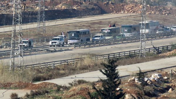 Four buses, with on board people who are evacuated from Fuaa and Kafraya (two under rebel siege Shiite villages), arrive at the Syrian government-controlled crossing of Ramoussa, on the southern outskirts of Aleppo, on December 19, 2016 during an evacuation operation of rebel fighters and civilians from rebel-held areas Four buses, with on board people who are evacuated from Fuaa and Kafraya (two under rebel siege Shiite villages), arrive at the Syrian government-controlled crossing of Ramoussa, on the southern outskirts of Aleppo, on December 19, 2016 during an evacuation operation of rebel fighters and civilians from rebel-held areas - Sputnik International