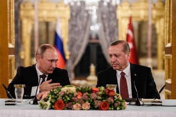 (FILES) This file photo taken on October 10, 2016 shows Russian President Vladimir Putin (L) speaking to Turkish President Recep Tayyip Erdogan (R) as they attend a press conference in Istanbul (FILES) This file photo taken on October 10, 2016 shows Russian President Vladimir Putin (L) speaking to Turkish President Recep Tayyip Erdogan (R) as they attend a press conference in Istanbul - Sputnik International