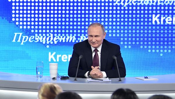 President Vladimir Putin during his twelfth annual news conference at Moscow's World Trade Center in Krasnaya Presnya President Vladimir Putin during his twelfth annual news conference at Moscow's World Trade Center in Krasnaya Presnya - Sputnik International