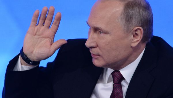 President Vladimir Putin during his twelfth annual news conference at Moscow's World Trade Center in Krasnaya Presnya President Vladimir Putin during his twelfth annual news conference at Moscow's World Trade Center in Krasnaya Presnya - Sputnik International