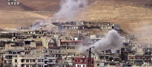 This frame grab from video provided By Step News Agency, a Syrian opposition media outlet that is consistent with independent AP reporting, shows smoke rise from the alleged government forces shelling on Wadi Barada, northwest of Damascus, Syria - Sputnik International