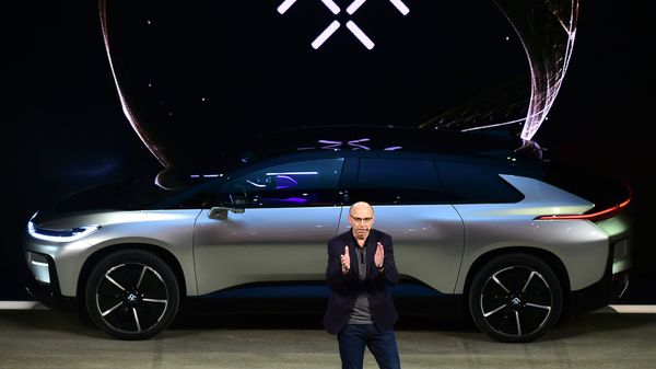 araday Future's Nick Sampson, SVP of R&D + Engineering speaks in front of the just introduced FF91 electric vehicle at the company's press conference at the 2017 Consumer Electronics Show in Las Vegas, January, 2016. - Sputnik International