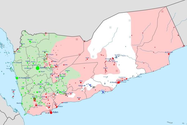 Insurgency in Yemen according to published reports. Green indicates areas controlled by the Houthis, Red by the Hadi government and allies, White by al-Qaeda in the Arabian Peninsula, and Black by Daesh. - Sputnik International