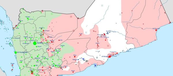 Insurgency in Yemen according to published reports. Green indicates areas controlled by the Houthis, Red by the Hadi government and allies, White by al-Qaeda in the Arabian Peninsula, and Black by Daesh. Insurgency in Yemen according to published reports. Green indicates areas controlled by the Houthis, Red by the Hadi government and allies, White by al-Qaeda in the Arabian Peninsula, and Black by Daesh. - Sputnik International