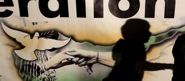 A shadow of a bo.y is seen on a banner showing the Cyprus island with two hands and a pigeon during a peace rally to support the peace talks inside the UN buffer zone Green Line, in the divided capital Nicosia in the eastern Mediterranean island of Cyprus. - Sputnik International