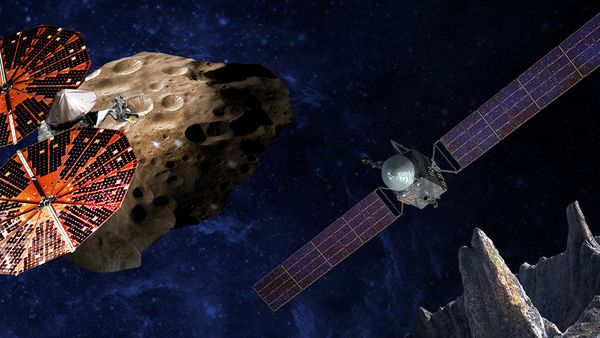 An artist’s conception of the Lucy spacecraft flying by the Trojan Eurybates – one of the six diverse and scientifically important Trojans to be studied. Trojans are fossils of planet formation and so will supply important clues to the earliest history of the solar system. (Right) Psyche, the first mission to the metal world 16 Psyche will map features, structure, composition, and magnetic field, and examine a landscape unlike anything explored before. Psyche will teach us about the hidden cores of the Earth, Mars, Mercury and Venus. - Sputnik International
