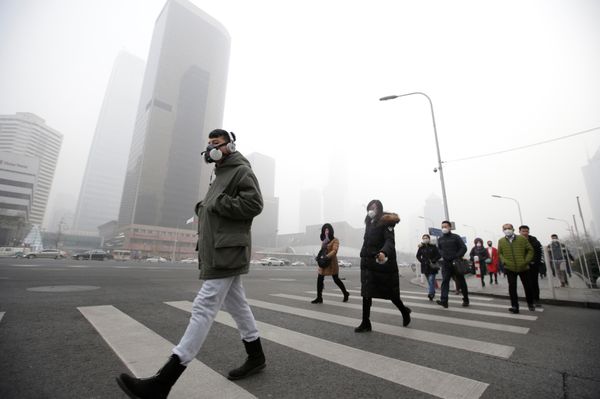 A man wearing a respiratory protection mask walks toward an office building during the smog after a red alert was issued for heavy air pollution in Beijing's central business district, China, December 21, 2016 A man wearing a respiratory protection mask walks toward an office building during the smog after a red alert was issued for heavy air pollution in Beijing's central business district, China, December 21, 2016 - Sputnik International