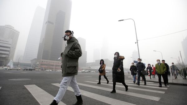 A man wearing a respiratory protection mask walks toward an office building during the smog after a red alert was issued for heavy air pollution in Beijing's central business district, China, December 21, 2016 - Sputnik International