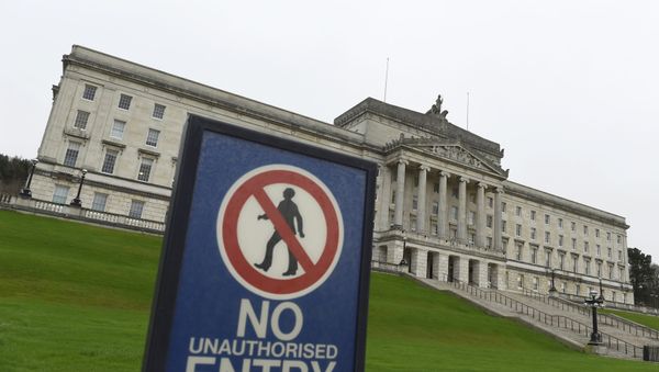 The Parliament Buildings at Stormont are seen behind a no entry sign, a day after deputy first minister Martin McGuinness resigned, throwing the devolved joint administration into crisis, in Belfast Northern Ireland, January 10, 2017. - Sputnik International