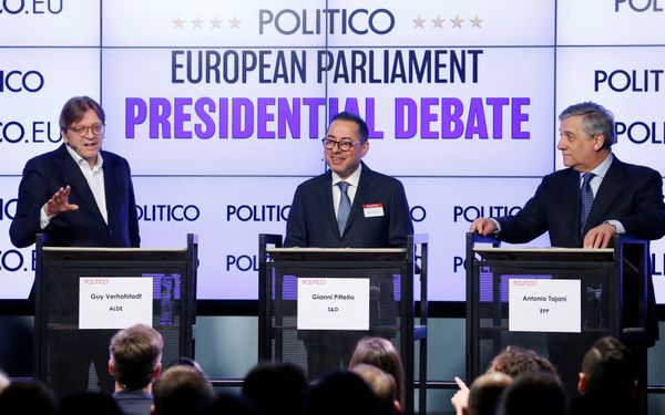 European Parliament's presidential candidates (L-R) Guy Verhofstadt, Gianni Pittella and Antonio Tajani attend a debate organized by the political news organization POLITICO in Brussels, Belgium January 11, 2017. - Sputnik International
