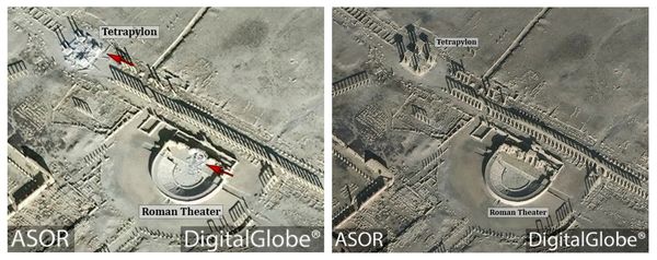This combination of satellite images released by the American Schools of Oriental Research (ASOR) on Friday, Jan. 20, 2017 as captured by DigitalGlobe shows the Roman theater at the UNESCO World Heritage Site of Palmyra, Syria on Jan. 10, 2017 with new damages indicated in red, left, and the site on Dec. 26, 2016, right This combination of satellite images released by the American Schools of Oriental Research (ASOR) on Friday, Jan. 20, 2017 as captured by DigitalGlobe shows the Roman theater at the UNESCO World Heritage Site of Palmyra, Syria on Jan. 10, 2017 with new damages indicated in red, left, and the site on Dec. 26, 2016, right - Sputnik International