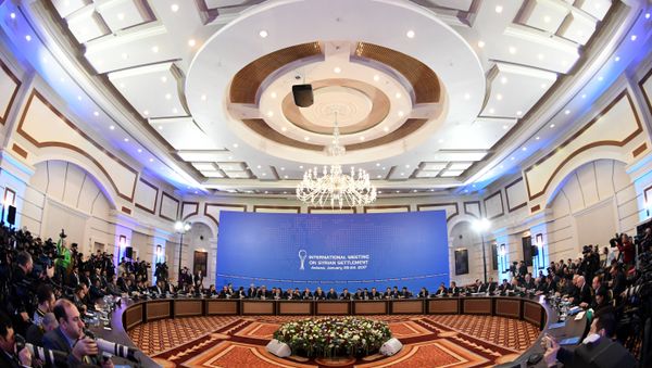 Representatives of the Syria regime and rebel groups along with other attendees take part in the first session of Syria peace talks at Astana's Rixos President Hotel Representatives of the Syria regime and rebel groups along with other attendees take part in the first session of Syria peace talks at Astana's Rixos President Hotel - Sputnik International