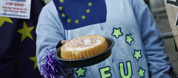 A pro-Europe supporter holds a cake with a EU flag in it, following the decision of the Supreme Court that Theresa May's government requires parliamentary approval to start the process of leaving the European Union, in Parliament Square, central London, Britain, January 24, 2017. - Sputnik International