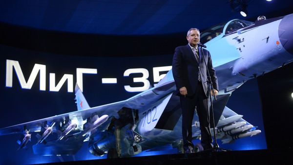 Russian Deputy Prime Minister Dmitry Rogozin speaks at the presentation of the MiG 35 aviation complex held on the territory of Industrial Complex 1 of the MiG Russian Aircraft Corporation in Lukhovitsy, Moscow Region Russian Deputy Prime Minister Dmitry Rogozin speaks at the presentation of the MiG 35 aviation complex held on the territory of Industrial Complex 1 of the MiG Russian Aircraft Corporation in Lukhovitsy, Moscow Region - Sputnik International