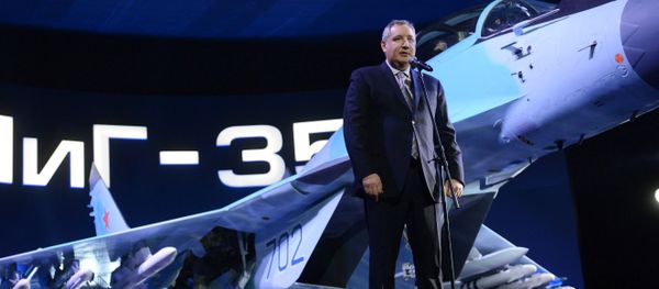 Russian Deputy Prime Minister Dmitry Rogozin speaks at the presentation of the MiG 35 aviation complex held on the territory of Industrial Complex 1 of the MiG Russian Aircraft Corporation in Lukhovitsy, Moscow Region - Sputnik International