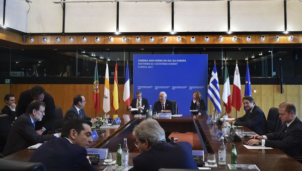 Participants sit in the meeting room at Belem cultural center in Lisbon on January 28, 2017, during the Southern EU Countries Summit Participants sit in the meeting room at Belem cultural center in Lisbon on January 28, 2017, during the Southern EU Countries Summit - Sputnik International