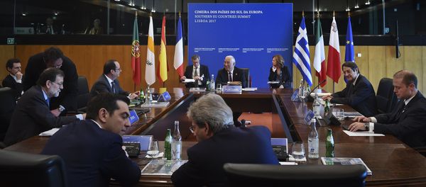 Participants sit in the meeting room at Belem cultural center in Lisbon on January 28, 2017, during the Southern EU Countries Summit Participants sit in the meeting room at Belem cultural center in Lisbon on January 28, 2017, during the Southern EU Countries Summit - Sputnik International