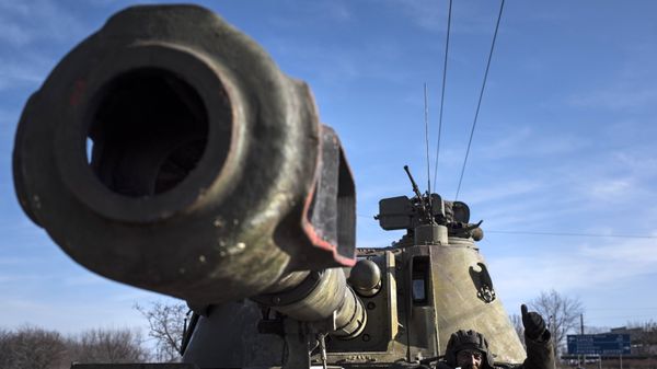 Ukrainian soldier smiles riding on a self-propelled artillery (File) Ukrainian soldier smiles riding on a self-propelled artillery (File) - Sputnik International