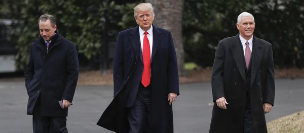 President Donald Trump, Vice President Mike Pence, right, and White House Chief of Staff Reince Priebus, left, walk together on the South Lawn of the White House in Washington to greet Harley Davidson Harley Davidson executives and union representatives - Sputnik International