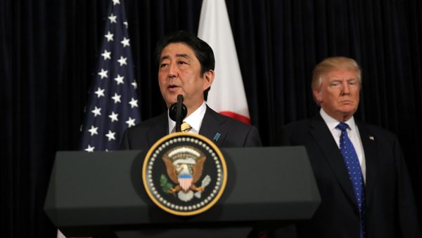 Japanese Prime Minister Shinzo Abe delivers remarks on North Korea accompanied by U.S. President Donald Trump at Mar-a-Lago club in Palm Beach, Florida U.S., February 11, 2017 Japanese Prime Minister Shinzo Abe delivers remarks on North Korea accompanied by U.S. President Donald Trump at Mar-a-Lago club in Palm Beach, Florida U.S., February 11, 2017 - Sputnik International