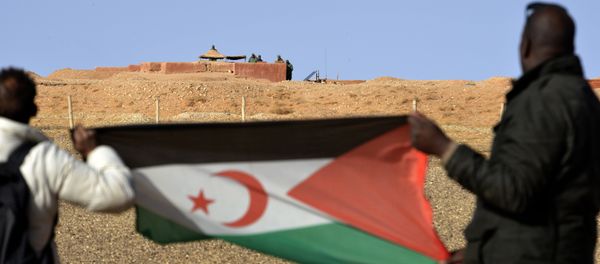 Saharawi men hold up a Polisario Front flag in the Al-Mahbes area near Moroccan soldiers guarding the wall separating the Polisario controlled Western Sahara from Morocco on February 3, 2017 - Sputnik International