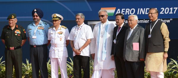 Indian Defense Minister Manohar Parrikar (4L), National Security Advisor Ajit Doval (3R), Air Chief Marshal of the Indian Air Force Birender Singh Dhanoa (2L) and other dignitaries pose on the inaugural day of the 11th edition of 'Aero India', a biennial air show and aviation exhibition, in Bangalore on February 14, 2017 Indian Defense Minister Manohar Parrikar (4L), National Security Advisor Ajit Doval (3R), Air Chief Marshal of the Indian Air Force Birender Singh Dhanoa (2L) and other dignitaries pose on the inaugural day of the 11th edition of 'Aero India', a biennial air show and aviation exhibition, in Bangalore on February 14, 2017 - Sputnik International