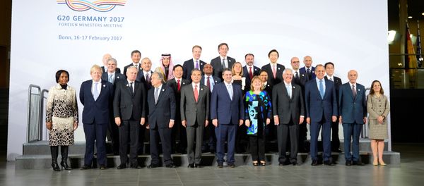 Participants of the G-20 foreign ministers' meeting pose for a group photo at the World Conference Center on February 16, 2017 in Bonn, Germany. Participants of the G-20 foreign ministers' meeting pose for a group photo at the World Conference Center on February 16, 2017 in Bonn, Germany. - Sputnik International