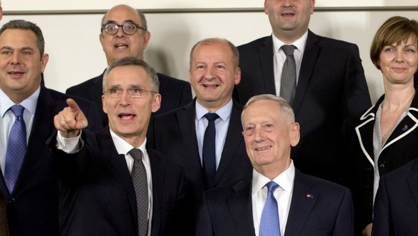 NATO Secretary General Jens Stoltenberg, front left, and U.S. Secretary of Defense Jim Mattis, front left, stand with other NATO defense ministers during a group photo at NATO headquarters in Brussels on Wednesday, Feb. 15, 2017. NATO Secretary General Jens Stoltenberg, front left, and U.S. Secretary of Defense Jim Mattis, front left, stand with other NATO defense ministers during a group photo at NATO headquarters in Brussels on Wednesday, Feb. 15, 2017. - Sputnik International