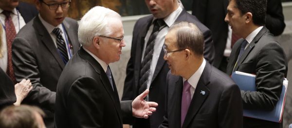 United Nations Secretary-General Ban Ki-moon, right, greets Russia's Ambassador to the U.N. Vitaly Churkin before a Security Council meeting at United Nations headquarters, Wednesday, Sept. 30, 2015 - Sputnik International