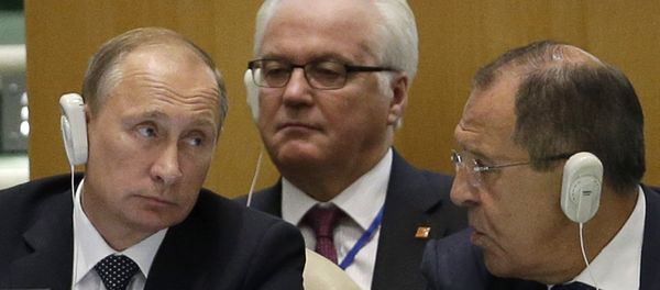 Russia's President Vladimir Putin, left, Foreign Minister Sergey Lavrov, right, and Ambassador to the United Nations Vitaly Churkin listen to speakers during the 70th session of the United Nations General Assembly at U.N. headquarters, Monday, Sept. 28, 2015 Russia's President Vladimir Putin, left, Foreign Minister Sergey Lavrov, right, and Ambassador to the United Nations Vitaly Churkin listen to speakers during the 70th session of the United Nations General Assembly at U.N. headquarters, Monday, Sept. 28, 2015 - Sputnik International
