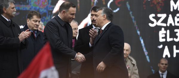 Polish President Andrzej Duda, center left, is welcomed by Hungarian Prime Minister Viktor Orban on the podium as Hungarian President Janos Ader, second right, and Speaker of the Hungarian Parliament Laszlo Kover, left, applaud during the state commemoration ceremony of the 1956 Hungarian revolution and freedom fight against communism and Soviet rule in front of the Parliament building in downtown Budapest, Hungary, Sunday, Oct. 23, 2016 Polish President Andrzej Duda, center left, is welcomed by Hungarian Prime Minister Viktor Orban on the podium as Hungarian President Janos Ader, second right, and Speaker of the Hungarian Parliament Laszlo Kover, left, applaud during the state commemoration ceremony of the 1956 Hungarian revolution and freedom fight against communism and Soviet rule in front of the Parliament building in downtown Budapest, Hungary, Sunday, Oct. 23, 2016 - Sputnik International