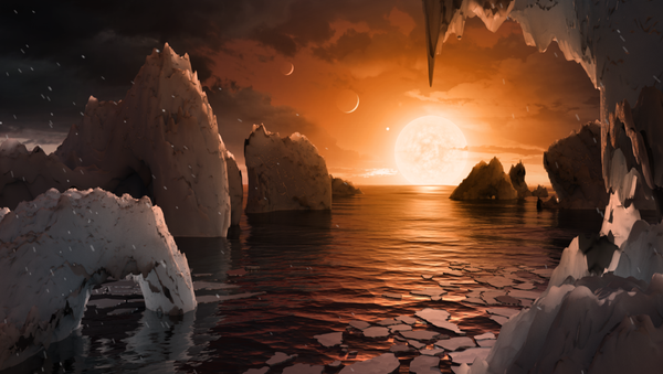 This illustration shows the possible surface of TRAPPIST-1f, one of the newly discovered planets in the TRAPPIST-1 system. Scientists using the Spitzer Space Telescope and ground-based telescopes have discovered that there are seven Earth-size planets in the system. This illustration shows the possible surface of TRAPPIST-1f, one of the newly discovered planets in the TRAPPIST-1 system. Scientists using the Spitzer Space Telescope and ground-based telescopes have discovered that there are seven Earth-size planets in the system. - Sputnik International