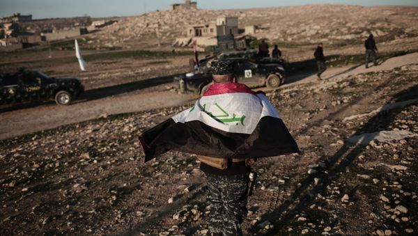 A member of the Iraqi federal police wears an Iraqi flag around his shoulders before going to battle against the Islamic State group - Sputnik International