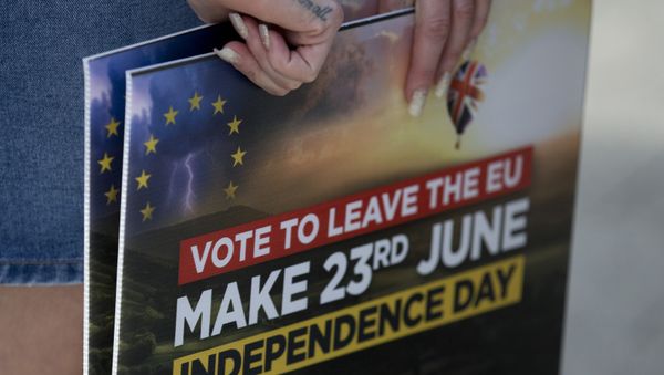 A Leave campaigner holds placards as she waits for the arrival of UK Independence Party (UKIP) leader Nigel Farage in Clacton-on-Sea, eastern England on June 21, 2016. A Leave campaigner holds placards as she waits for the arrival of UK Independence Party (UKIP) leader Nigel Farage in Clacton-on-Sea, eastern England on June 21, 2016. - Sputnik International