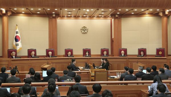 Judges of the Constitutional Court sit during the final hearing on whether to confirm the impeachment of President Park Geun-hye at the Constitutional Court in Seoul, South Korea, Febuary 27, 2017 Judges of the Constitutional Court sit during the final hearing on whether to confirm the impeachment of President Park Geun-hye at the Constitutional Court in Seoul, South Korea, Febuary 27, 2017 - Sputnik International