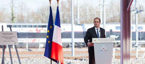 French President Francois Hollande delivers a speech as he attends the inauguration of the new high-speed rail line, linking Tours and Bordeaux, in Villognon, central France. French President Francois Hollande delivers a speech as he attends the inauguration of the new high-speed rail line, linking Tours and Bordeaux, in Villognon, central France. - Sputnik International