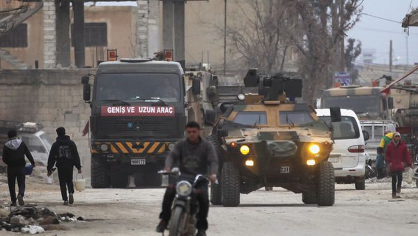 Turkish military vehicles drive in the Syrian rebel-held town of al-Rai, as they head towards the northern Syrian town of al-Bab, Syria March 2, 2017 Turkish military vehicles drive in the Syrian rebel-held town of al-Rai, as they head towards the northern Syrian town of al-Bab, Syria March 2, 2017 - Sputnik International