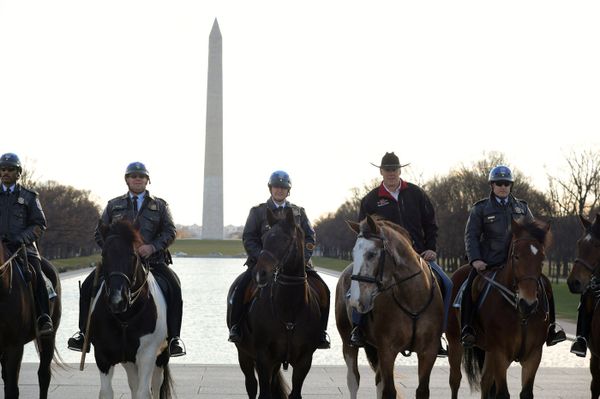 New Interior Secretary Ryan Zinke (2nd from R) rides on horseback with a U.S. Park Police horse mounted unit while reporting for his first day of work at the Interior Department in Washington, DC. March 2, 2017 New Interior Secretary Ryan Zinke (2nd from R) rides on horseback with a U.S. Park Police horse mounted unit while reporting for his first day of work at the Interior Department in Washington, DC. March 2, 2017 - Sputnik International