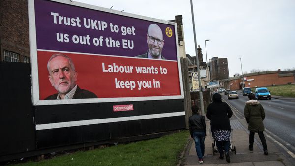 A family group walk past a UK Independence Party (UKIP) campaign poster for their candidate UKIP Leader Paul Nuttall following the result of the by-election for the Stoke-on-Trent Central constituency in Stoke-on-Trent, central England on February 24, 2017 which returned a victory for the Labour Party candidate A family group walk past a UK Independence Party (UKIP) campaign poster for their candidate UKIP Leader Paul Nuttall following the result of the by-election for the Stoke-on-Trent Central constituency in Stoke-on-Trent, central England on February 24, 2017 which returned a victory for the Labour Party candidate - Sputnik International